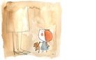A little girl and her dog go for a walk.