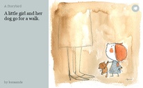 A little girl and her dog go for a walk.