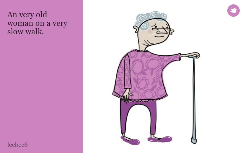 An very old woman on a very slow walk.
