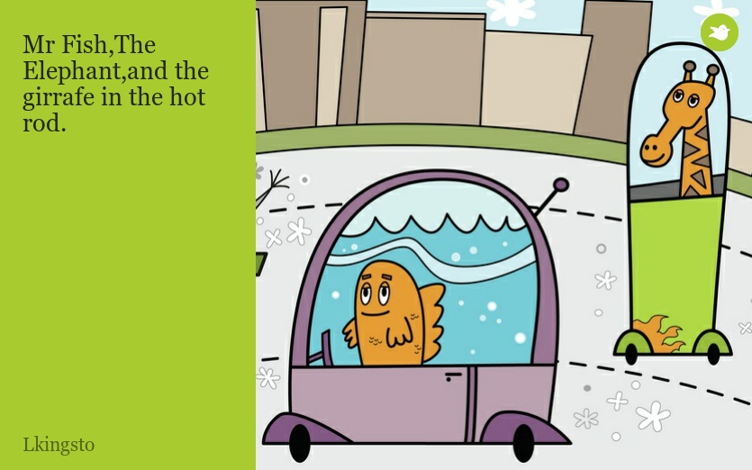 Mr Fish,The Elephant,and the girrafe in the hot rod.